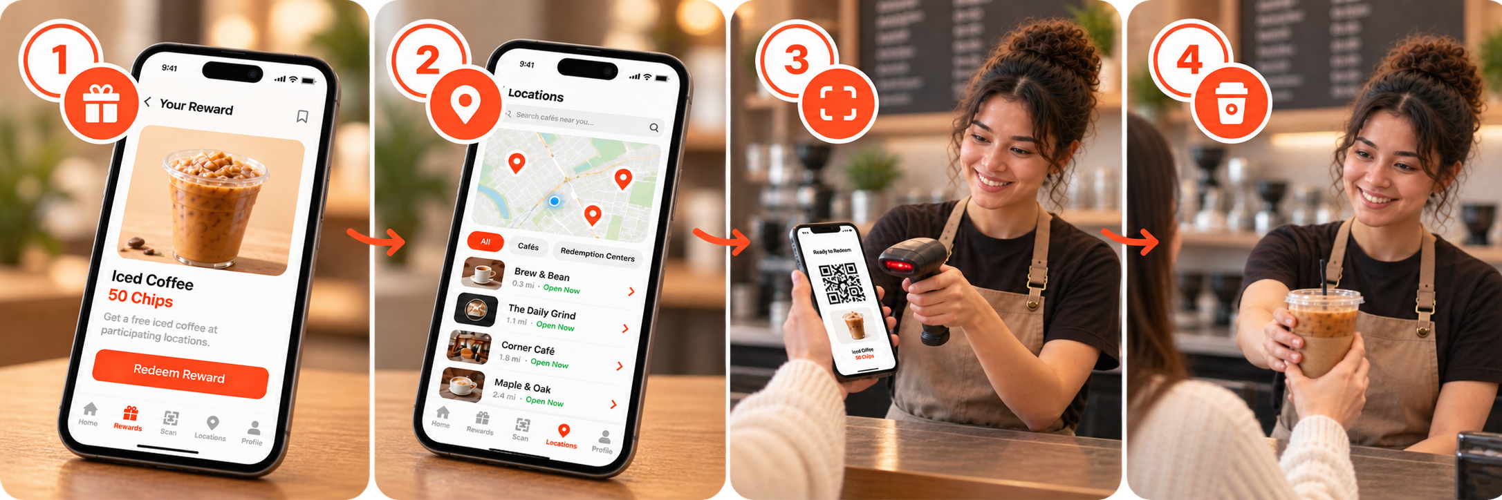 Mobile reward claim, participating redemption location, and verified in-person reward handoff